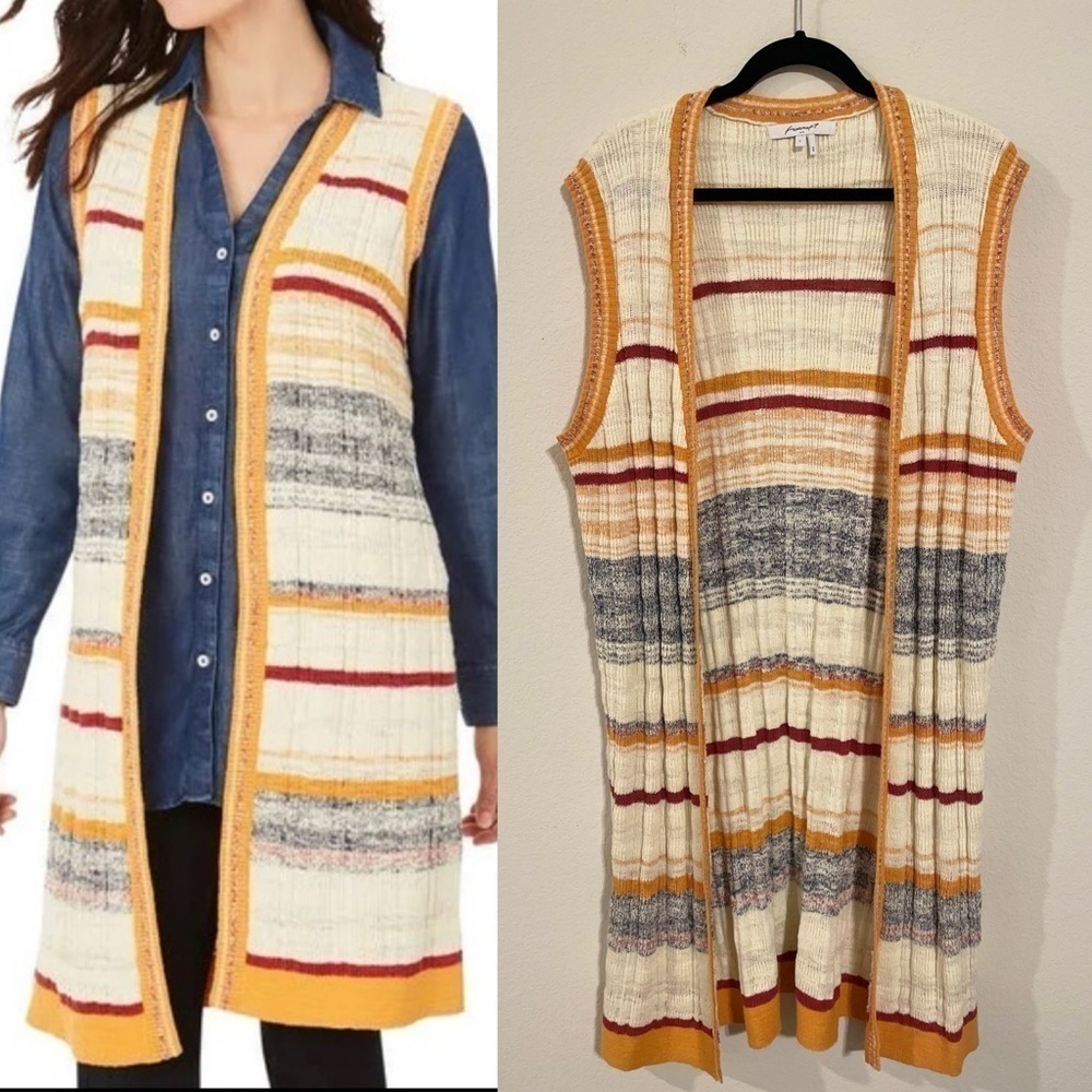 Foxcroft Women Knit Vest Size Large White Nico Striped Open Front Longline Boho